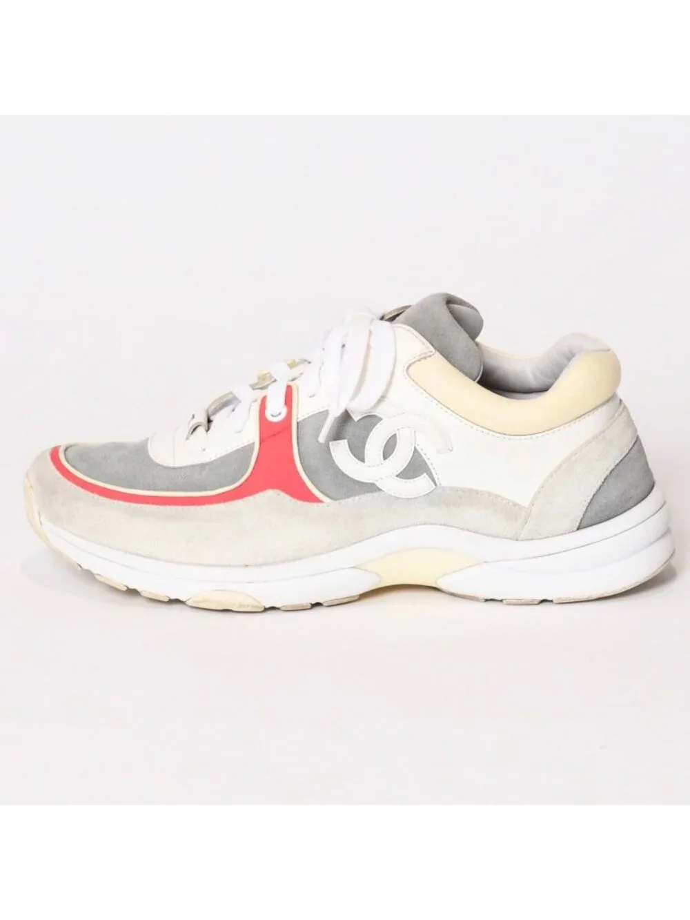 Chanel CC Logo Suede Sneakers White Gray